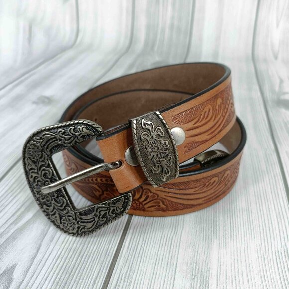 Premium Western Floral Embossed Hand Tooled Leather Belt for Men & Women - Picture 4 of 12